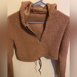 Cropped Hooded Fuzzy Sweater